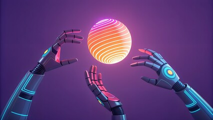 Robotic Hands Reaching for Glowing Sphere – AI Technology, Futuristic Interaction, Cybernetic, Innovation, Digital Gradient, Neon