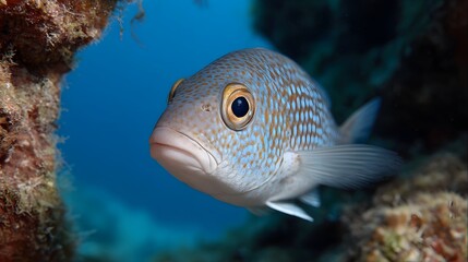 A close up portrait of a shy reef fish displaying intricate blue and orange spot patterns gracefully swimming in clear tropical ocean water near