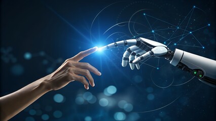 Human and Robot Touching Fingers – AI Connection, Futuristic Interaction, Technology, Cybernetic, Abstract, Digital