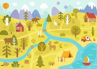 Cute woodland map for kids carpet. Doodle landscape with animals and houses.