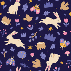 Cute forest night pattern with rabbits. Cartoon seamless vector print with plants and animals.