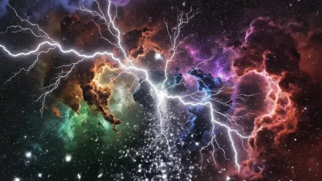 Colorful cosmic lightning in vibrant outer space nebula