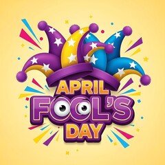 Colorful april fools day jester hat with purple text on yellow