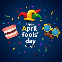 April fools day celebration with colorful confetti and jester hat