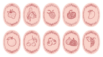 Hand Drawn Fruit Label Set, Vintage Red Outline Icons of Strawberry, Banana, Raspberry, Pomegranate, Mango, Cherry, Blueberry, Fig, Grapefruit and Grapes, Round Pink Stickers for Jam Packaging © HOO 