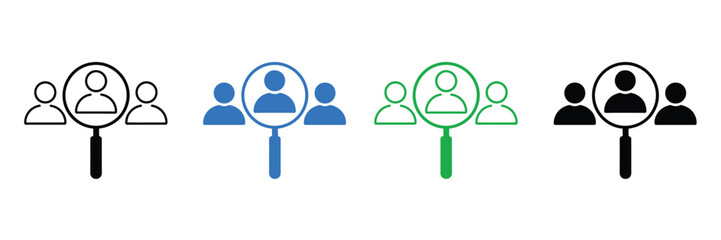 Employee recruitment and selection process icons with magnifying glasses