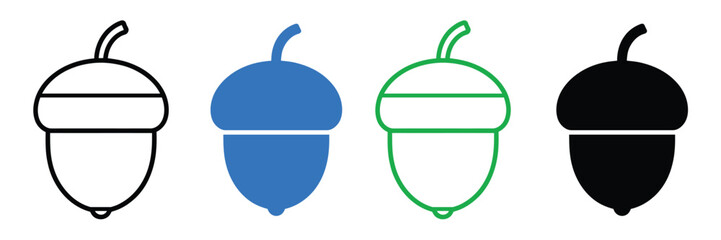 Four colorful acorn icons in different styles and colors for design use