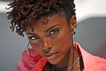 Young woman poses for camera in outdoor setting during bright daylight in a casual outfit with unique hairstyle