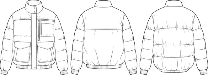 CAD drawing flat vector illustration of puffer jackets with patch pockets, high collar, ribbed cuffs, front and back technical views © Its Sohan
