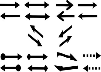 A minimalist arrow icon set created manually in vector format. Features multiple arrow directions including straight, curved, diagonal, and double arrows. Solid black monochrome design.