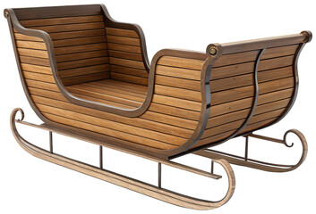 Highly detailed, realistically rendered wooden sleigh with a warm brown finish and curved runners, presented in a slightly angled perspective against a, isolated on transparent background.