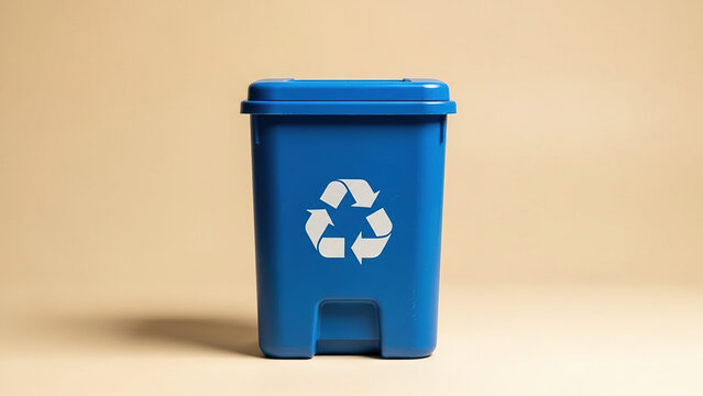 Single blue recycling bin with white universal recycle symbol isolated on neutral beige background promotes environmental conservation waste management plastic reduction and green lifestyle