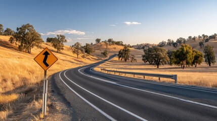 Curved rural road with yellow warning sign indicating bend ahead. Empty highway through dry countryside under clear sky. Road safety, travel direction and transportation concept