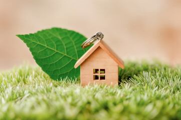 Small wooden house model on green grass with leaf, symbolizing home and nature connection in a simple setting