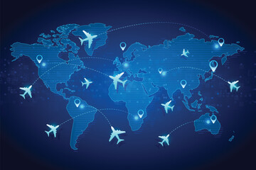 World map with glowing flight paths, airplane icons, and location markers. Represents global air travel, aviation logistics, and international connectivity in a digital tech style. vector illustration