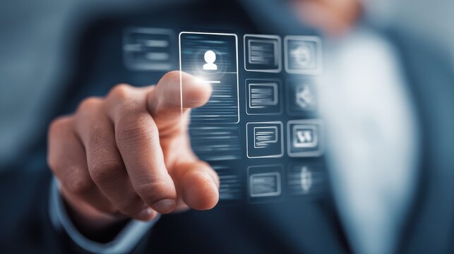 Businessman's finger touches a futuristic interface with user profile icon and various digital icons - Powered by Adobe