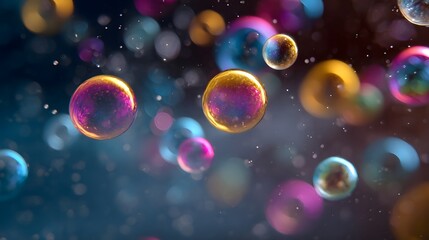 Luminous colorful bubbles and iridescent rings float in a soft glowing bokeh background