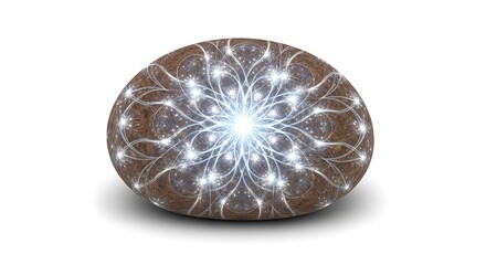 Smooth brown stone with glowing white fractal pattern and bright center on white background rock oval