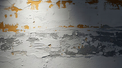 Abstract close-up reveals textured wall with peeling white paint over a damaged orange surface, emphasizing decay, grunge, and raw imperfections, illuminated by harsh side lighting and deep shadows