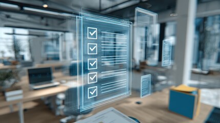 Digital checklist interface displayed in a modern office with holographic elements