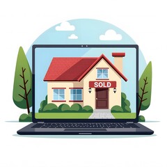 real estate online search and house sold on laptop screen for property blogs, mortgage websites, banking services, moving house cards design and rental business presentations