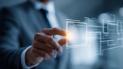 Businessman interacting with a futuristic holographic interface, touching a glowing digital screen