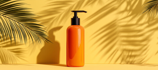 Minimal orange cosmetic bottle with a pump stands on a yellow background with soft palm leaf shadows.