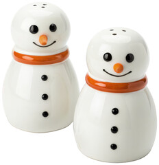 Charming ceramic snowman-shaped salt and pepper shakers, featuring glossy white bodies with black button details, orange carrot noses, and painted red scarves,, isolated on transparent background.