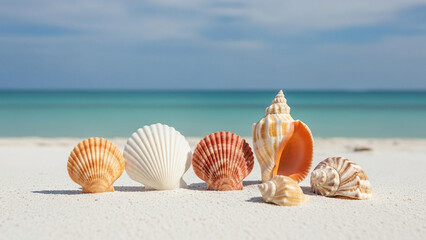 Collection of various seashells resting on white tropical beach sand with turquoise ocean water and clear blue sky background