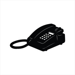 A simple black silhouette illustration of a vintage landline telephone on white
