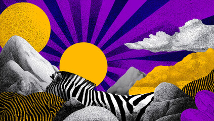 Surreal collage with zebras, mountains, clouds, and abstract suns in bold vibrant colors.