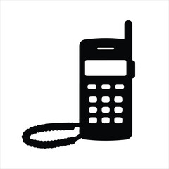 Simple black and white illustration of a vintage mobile phone with antenna