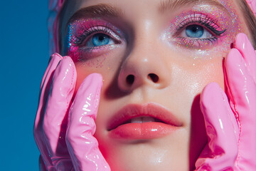 Close-up portrait of a woman with glossy makeup and pink gloves creating a bold modern beauty look.