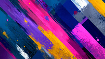 Vibrant abstract composition with colorful diagonal shapes, textures, and paint splashes.