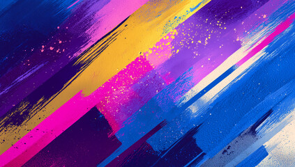 Vibrant abstract composition with colorful diagonal shapes, textures, and paint splashes.