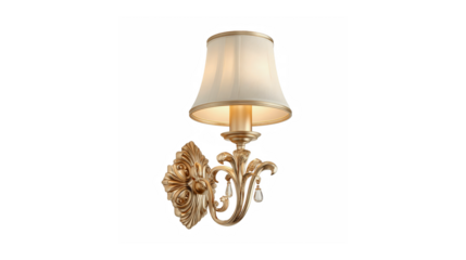 A beautiful gold antique style wall sconce featuring intricate carvings and a white fabric shade