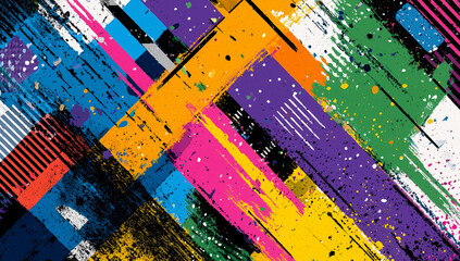 Vibrant abstract composition with colorful diagonal shapes, textures, and paint splashes.