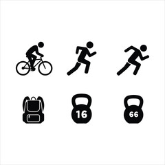 Simple black icons depicting cycling running hiking and weightlifting activities