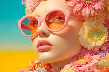 Fashion beauty portrait of a stylish woman wearing pink sunglasses surrounded by lush flowers in a vibrant, colorful setting.