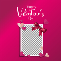 Happy Valentine&rsquo;s Day Greeting Card with Romantic Photo Frame, Red Ribbon Bow, Heart Decorations and Transparent Placeholder Background for Love Celebration Design