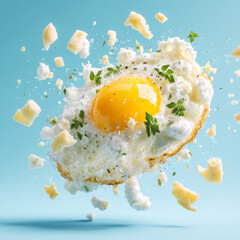 Fried egg splashing with cream, herbs, and crispy croutons.