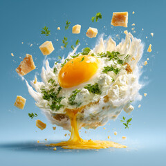 Fried egg splashing with cream, herbs, and crispy croutons.