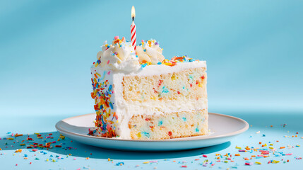 Slice of birthday cake with colorful sprinkles and a candle on a blue background.