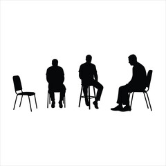 Silhouettes of people sitting on various chairs against a white background