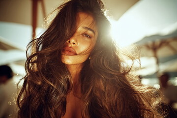 Woman with long hair stands outdoors during sunset near umbrellas in a social setting