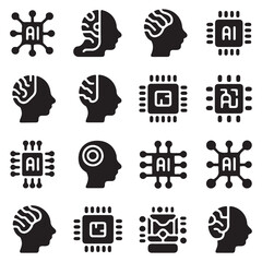 Artificial Intelligence Icons Set &ndash; AI Brain and Microchip Black Silhouette Vector