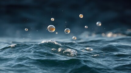 Close up view of transparent bubbles ascending from the wavy surface of deep blue water catching sunlight and creating reflections