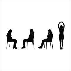 Silhouettes of people in various poses sitting and standing on chairs