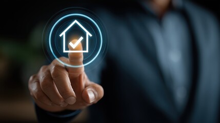 Man's finger touches a digital house icon with a checkmark, symbolizing approval