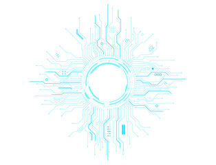 Glowing sci-fi portal with circuit board traces spreading across futuristic tech transparent background. Neon blue circular frame, digital HUD elements and cyber interface design. Vector illustration